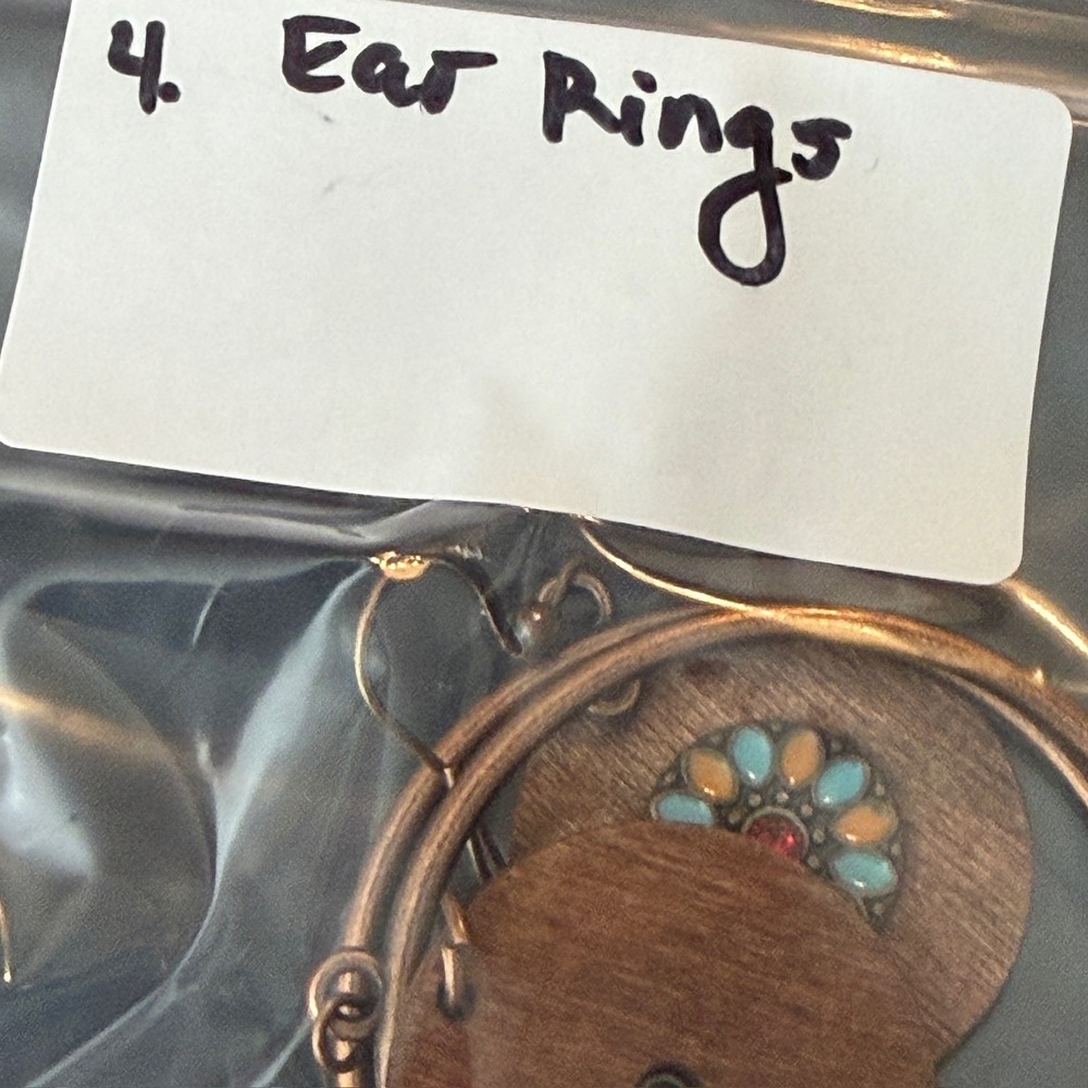 Boho Hoop Earrings Wood Flower Inlay Turquoise Orange Red Accent Bronze Dangle - Picture 4 of 4